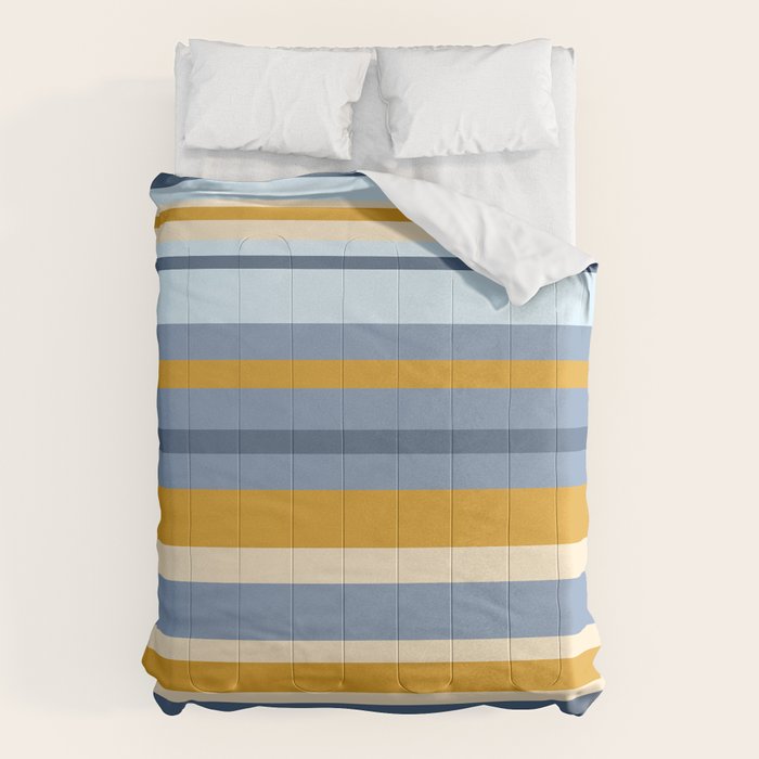 Stripe Pattern Contemporary Retro Modern Variable Stripes in Blue and Honey Mustard Comforter Gallery Image 1