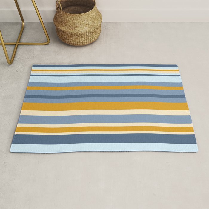 Stripe Pattern Contemporary Retro Modern Variable Stripes in Blue and Honey Mustard Rug Gallery Image 1