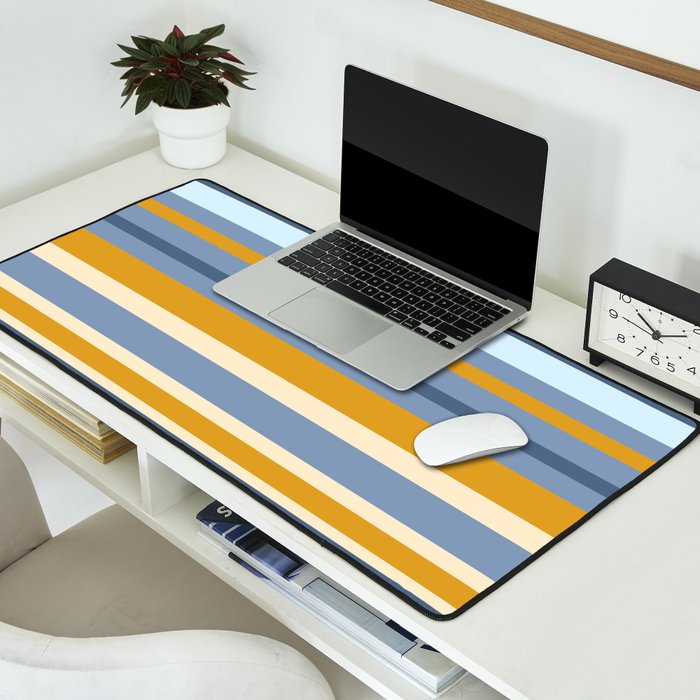 Stripe Pattern Contemporary Retro Modern Variable Stripes in Blue and Honey Mustard Desk Mat Gallery Image 2
