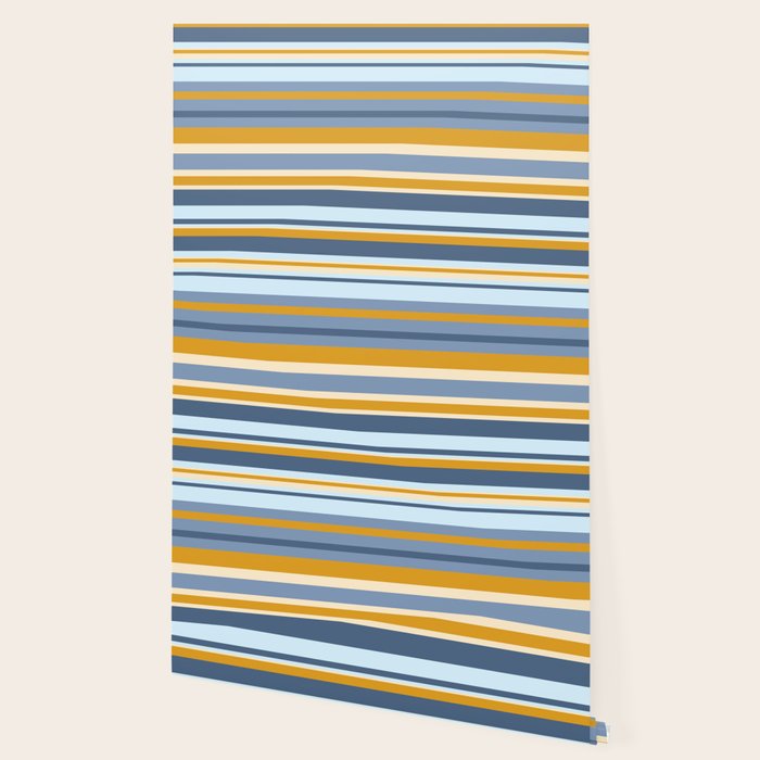 Stripe Pattern Contemporary Retro Modern Variable Stripes in Blue and Honey Mustard Wallpaper Gallery Image 2