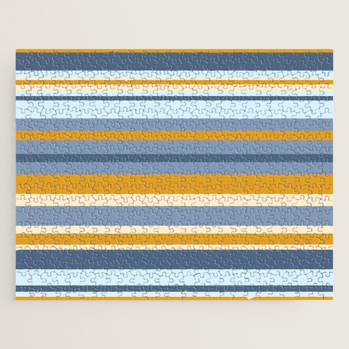 Stripe Pattern Contemporary Retro Modern Variable Stripes in Blue and Honey Mustard Jigsaw Puzzle Gallery Image 1