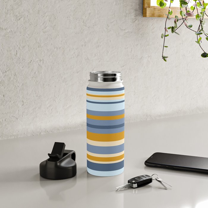 Stripe Pattern Contemporary Retro Modern Variable Stripes in Blue and Honey Mustard Water Bottle Gallery Image 4