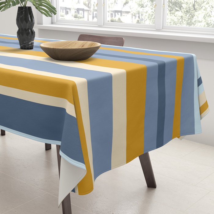 Stripe Pattern Contemporary Retro Modern Variable Stripes in Blue and Honey Mustard Tablecloth Gallery Image 3