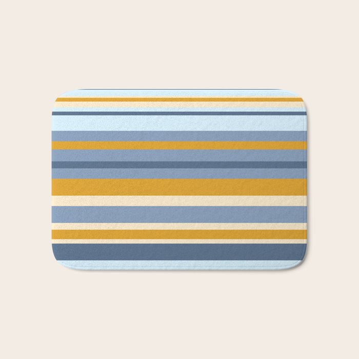 Stripe Pattern Contemporary Retro Modern Variable Stripes in Blue and Honey Mustard Bath Mat Gallery Image 1