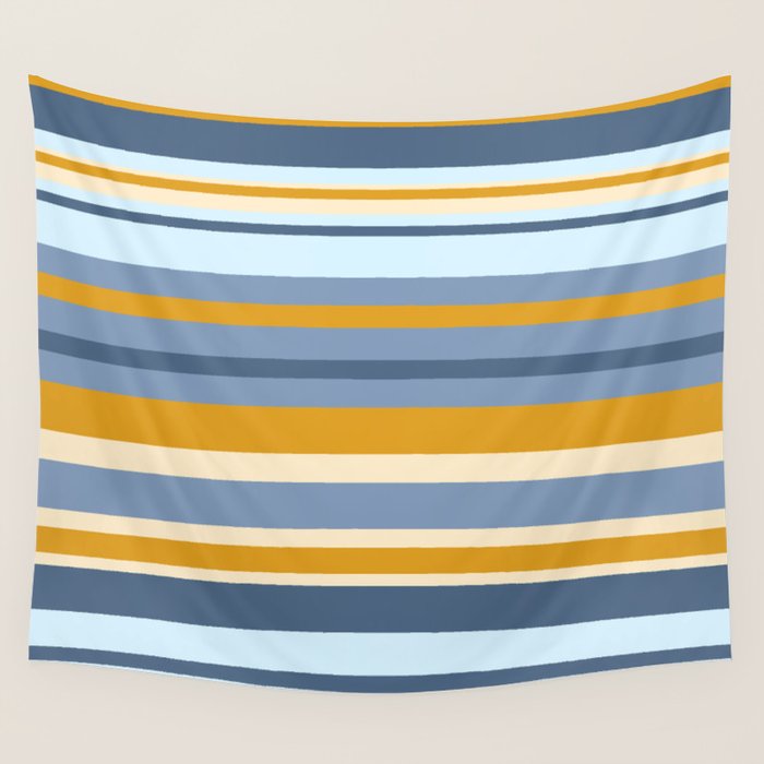Stripe Pattern Contemporary Retro Modern Variable Stripes in Blue and Honey Mustard Wall Tapestry Gallery Image 1