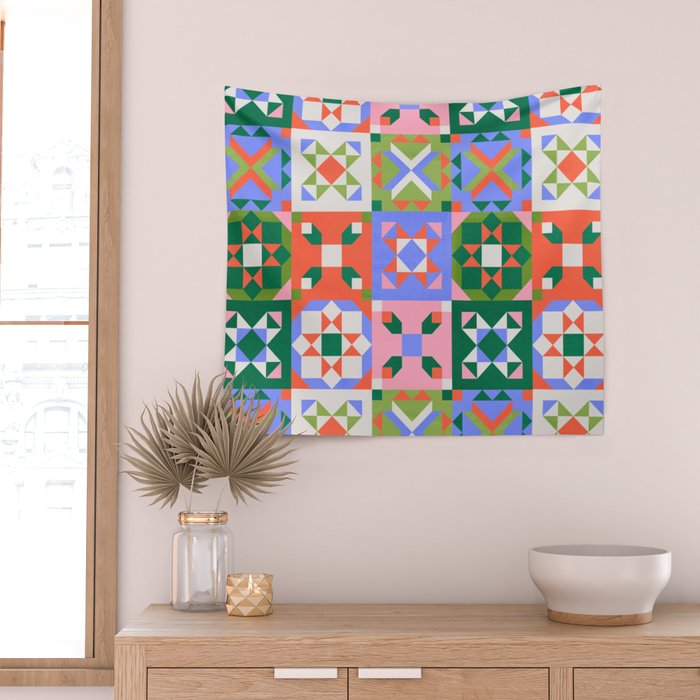 Bright Geometric Quilt Mosaic Pattern Wall Tapestry Gallery Image 2