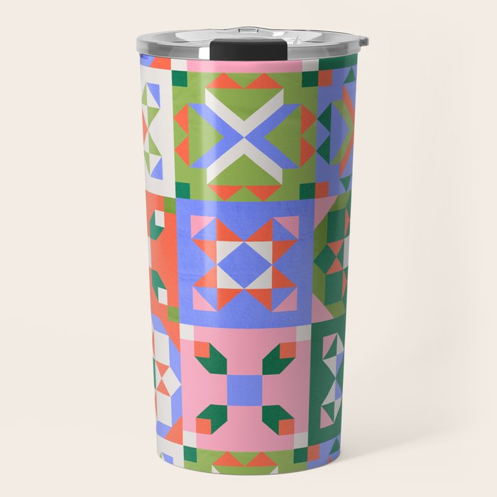 Bright Geometric Quilt Mosaic Pattern Travel Mug Gallery Image 1