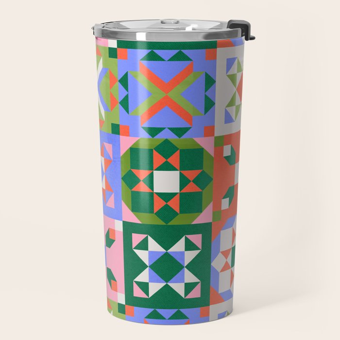 Bright Geometric Quilt Mosaic Pattern Travel Mug Gallery Image 2