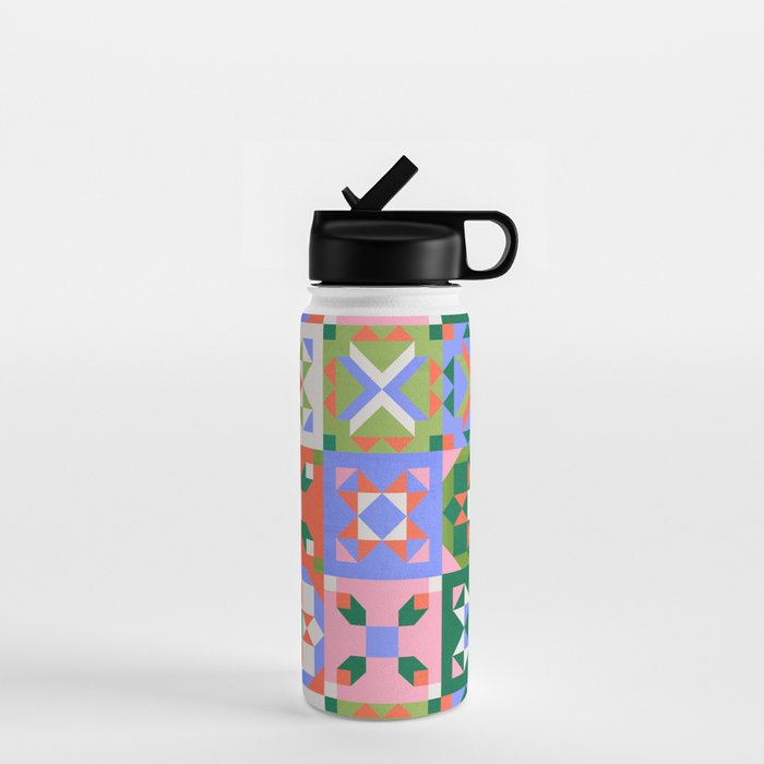 Bright Geometric Quilt Mosaic Pattern Water Bottle Gallery Image 1