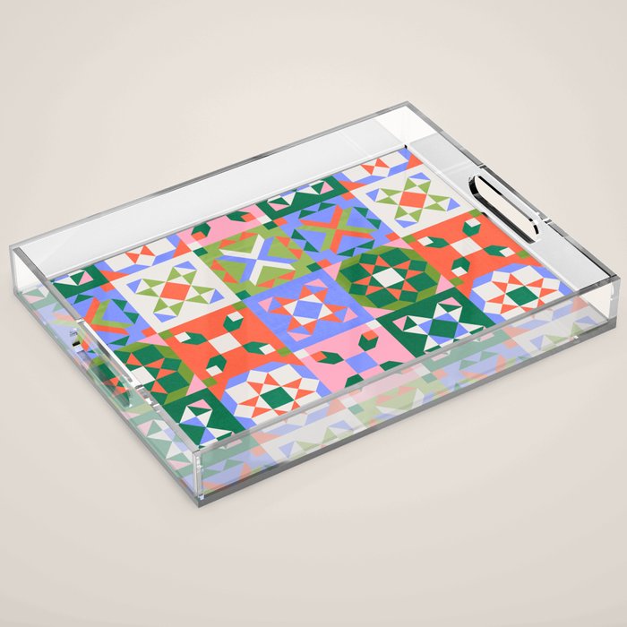 Bright Geometric Quilt Mosaic Pattern Acrylic Tray Gallery Image 1