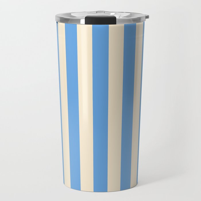 Retro Coastal Blue and White Stripes Travel Mug Gallery Image 1