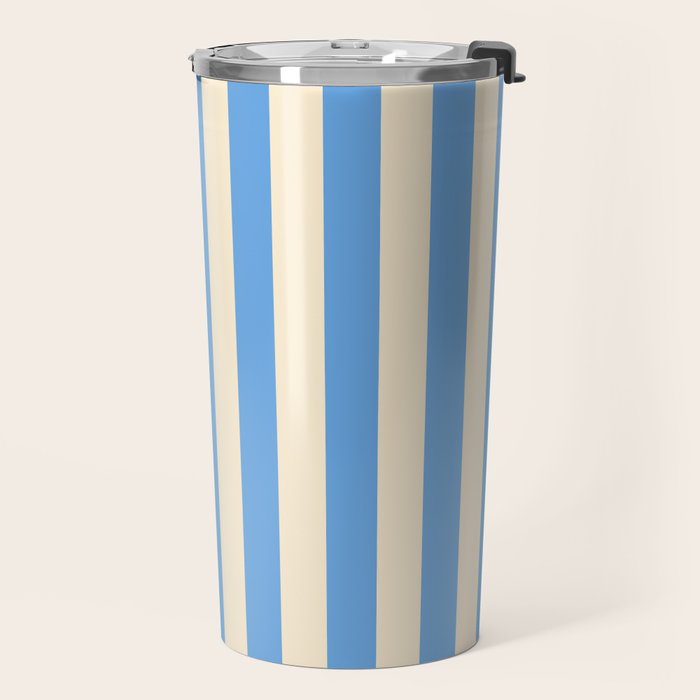 Retro Coastal Blue and White Stripes Travel Mug Gallery Image 2