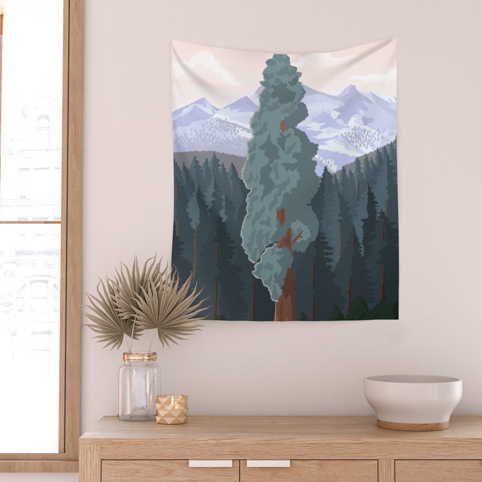 Sequoia National Park, California, Redwood Tree Forest, Vintage Style Poster Wall Tapestry Gallery Image 2
