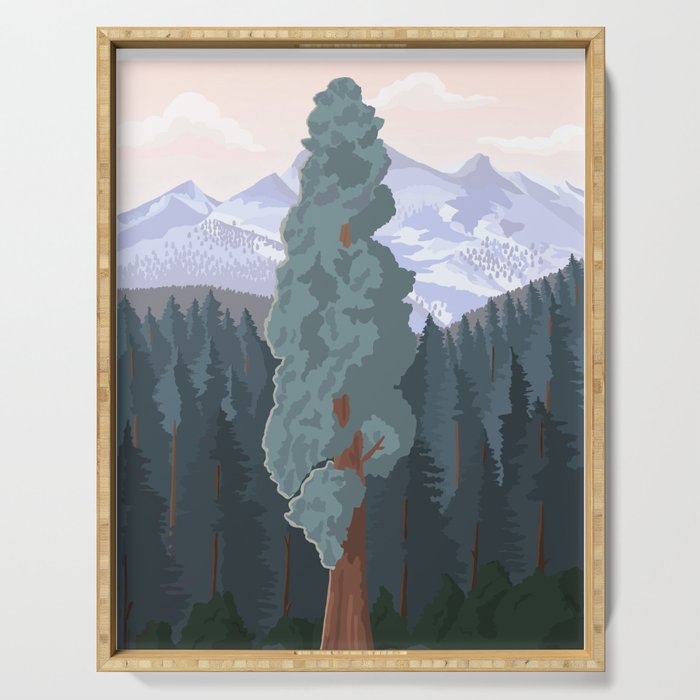 Sequoia National Park, California, Redwood Tree Forest, Vintage Style Poster Serving Tray Gallery Image 1