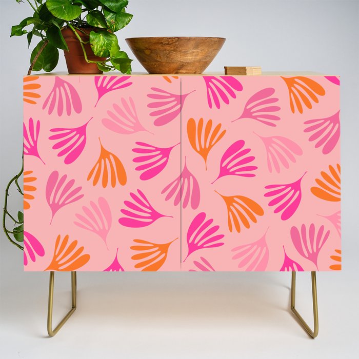 Hot Pink and Orange Wispy Leaves Modern Botanical Abstract Pattern Credenza Gallery Image 1