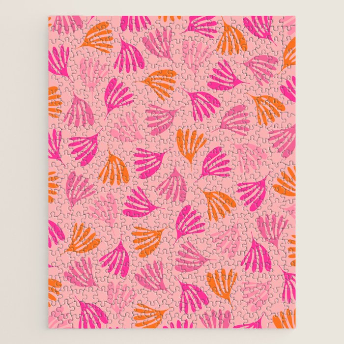Hot Pink and Orange Wispy Leaves Modern Botanical Abstract Pattern Jigsaw Puzzle Gallery Image 1