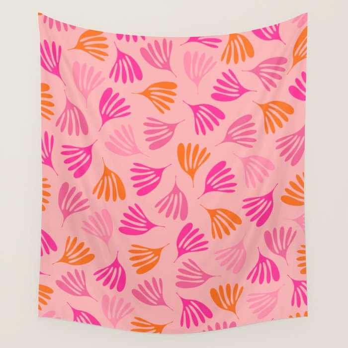 Hot Pink and Orange Wispy Leaves Modern Botanical Abstract Pattern Wall Tapestry Gallery Image 1