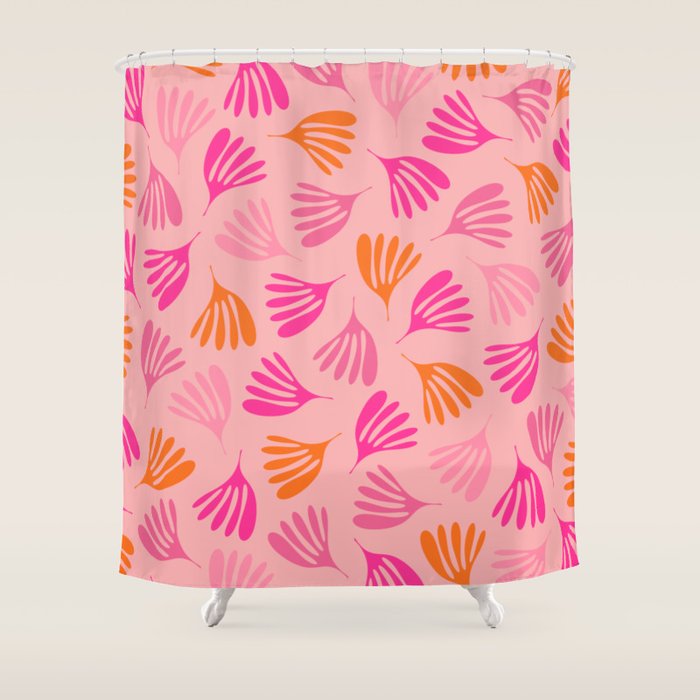 Hot Pink and Orange Wispy Leaves Modern Botanical Abstract Pattern Shower Curtain Gallery Image 1