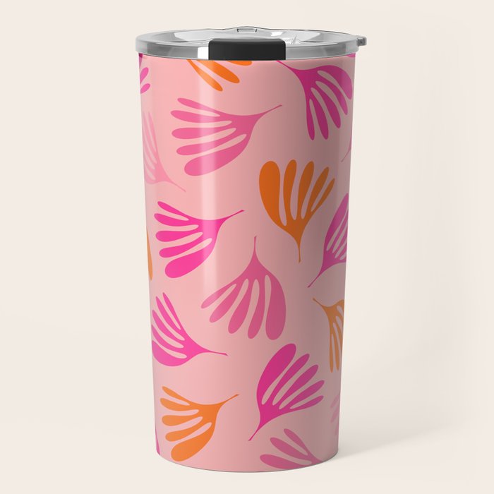 Hot Pink and Orange Wispy Leaves Modern Botanical Abstract Pattern Travel Mug Gallery Image 1