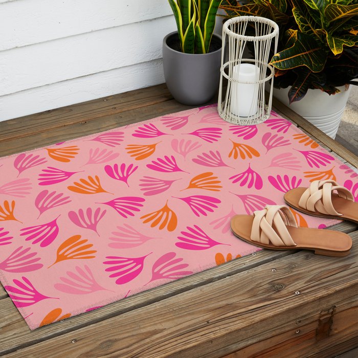 Hot Pink and Orange Wispy Leaves Modern Botanical Abstract Pattern Outdoor Rug Gallery Image 2