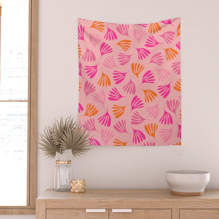 Hot Pink and Orange Wispy Leaves Modern Botanical Abstract Pattern Wall Tapestry Gallery Image 2