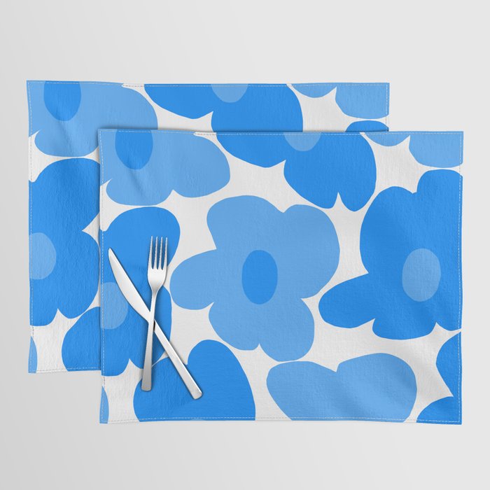 Sky Blue Retro Flowers White Background #decor #society6 #buyart Placemat Gallery Image 1