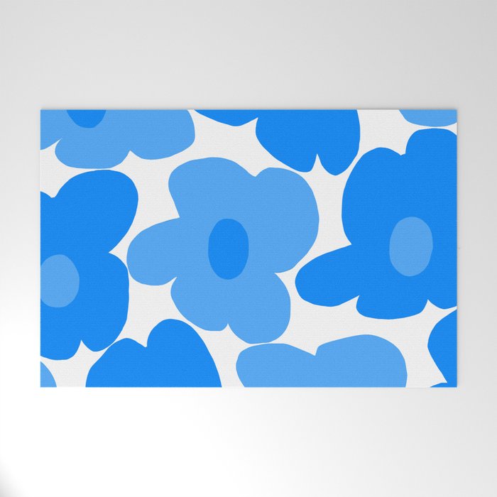 Sky Blue Retro Flowers White Background #decor #society6 #buyart Welcome Mat Gallery Image 1