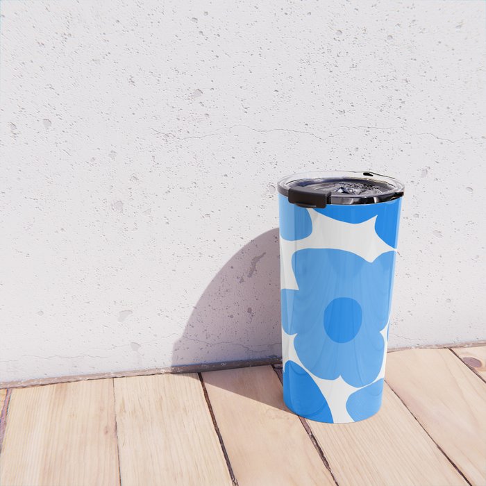 Sky Blue Retro Flowers White Background #decor #society6 #buyart Travel Mug Gallery Image 4