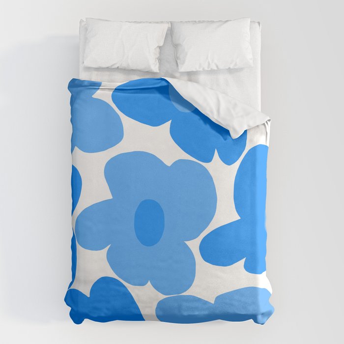 Sky Blue Retro Flowers White Background #decor #society6 #buyart Duvet Cover Gallery Image 6