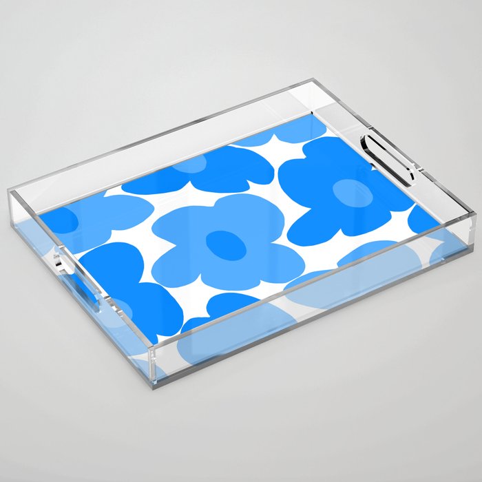 Sky Blue Retro Flowers White Background #decor #society6 #buyart Acrylic Tray Gallery Image 1