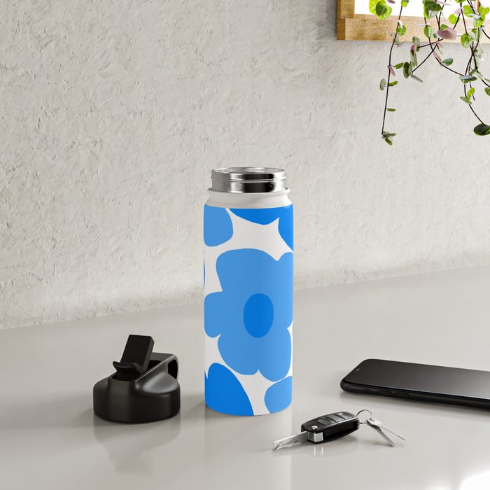 Sky Blue Retro Flowers White Background #decor #society6 #buyart Water Bottle Gallery Image 4