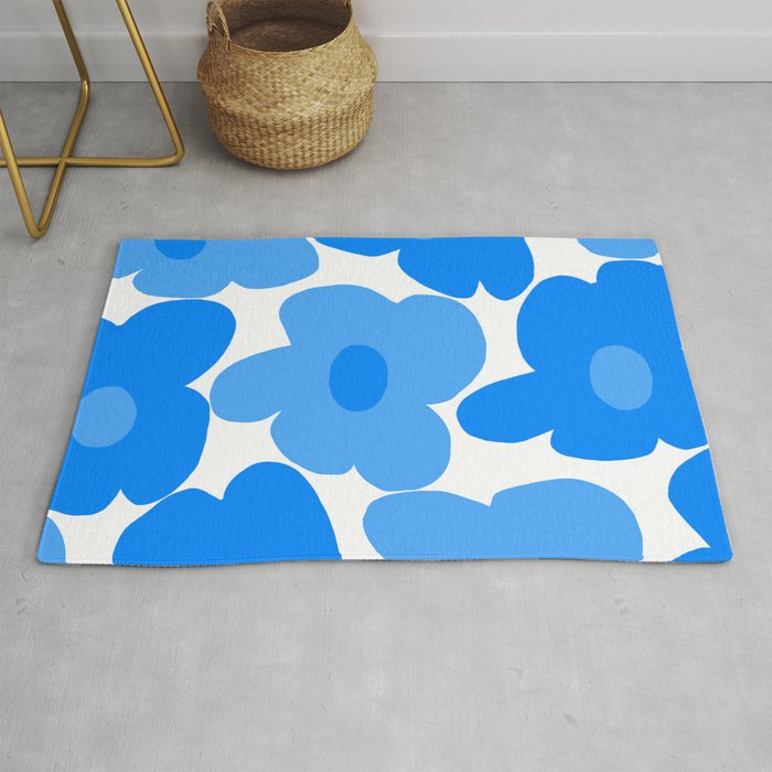 Sky Blue Retro Flowers White Background #decor #society6 #buyart Rug Gallery Image 1