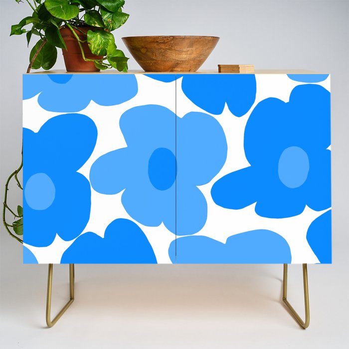 Sky Blue Retro Flowers White Background #decor #society6 #buyart Credenza Gallery Image 1