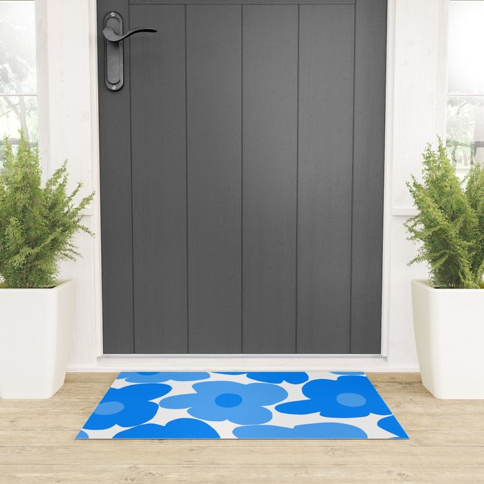 Sky Blue Retro Flowers White Background #decor #society6 #buyart Welcome Mat Gallery Image 3