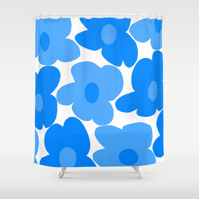 Sky Blue Retro Flowers White Background #decor #society6 #buyart Shower Curtain Gallery Image 1