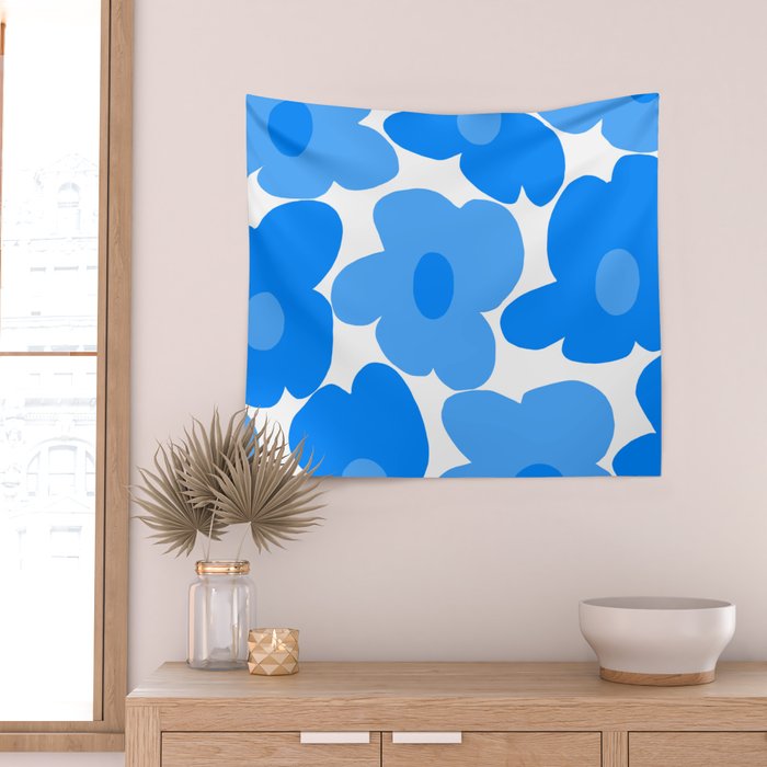 Sky Blue Retro Flowers White Background #decor #society6 #buyart Wall Tapestry Gallery Image 2