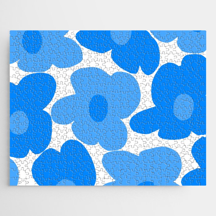 Sky Blue Retro Flowers White Background #decor #society6 #buyart Jigsaw Puzzle Gallery Image 1