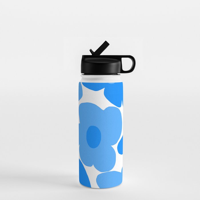 Sky Blue Retro Flowers White Background #decor #society6 #buyart Water Bottle Gallery Image 1