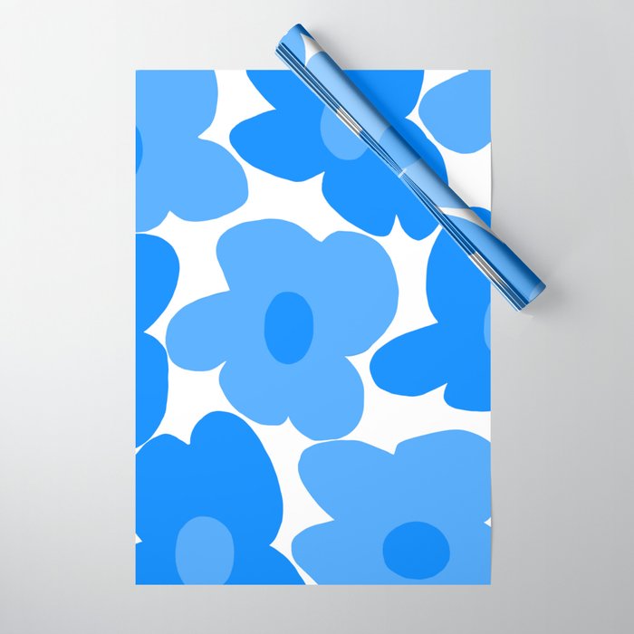 Sky Blue Retro Flowers White Background #decor #society6 #buyart Wrapping Paper Gallery Image 1