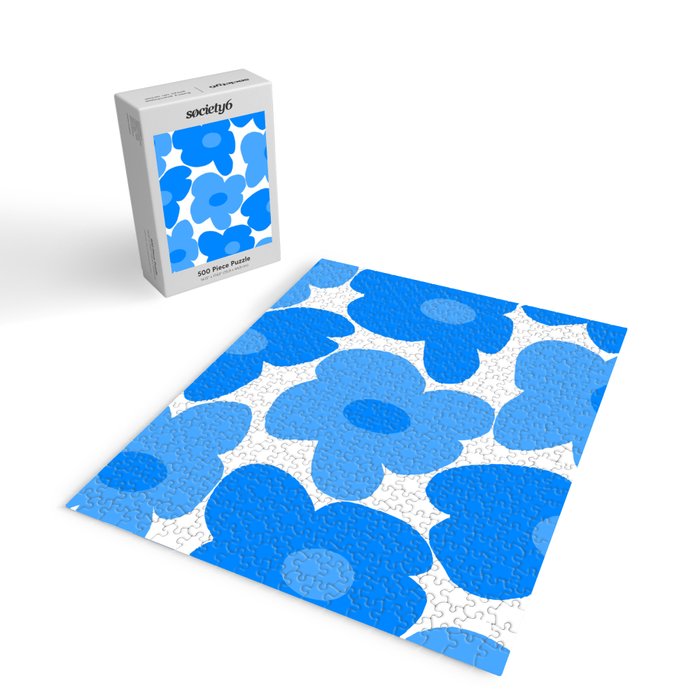Sky Blue Retro Flowers White Background #decor #society6 #buyart Jigsaw Puzzle Gallery Image 2