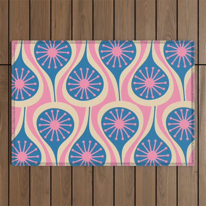 Atomic Drops Mid Century Modern Retro Pattern in Pink and Blue Outdoor Rug Gallery Image 1
