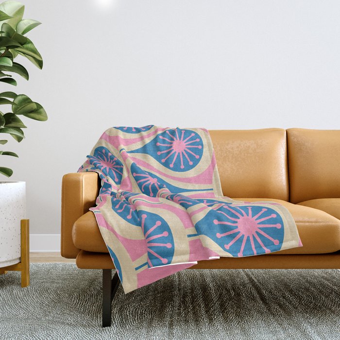 Atomic Drops Mid Century Modern Retro Pattern in Pink and Blue Throw Blanket Gallery Image 1