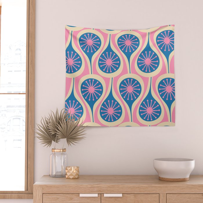 Atomic Drops Mid Century Modern Retro Pattern in Pink and Blue Wall Tapestry Gallery Image 2