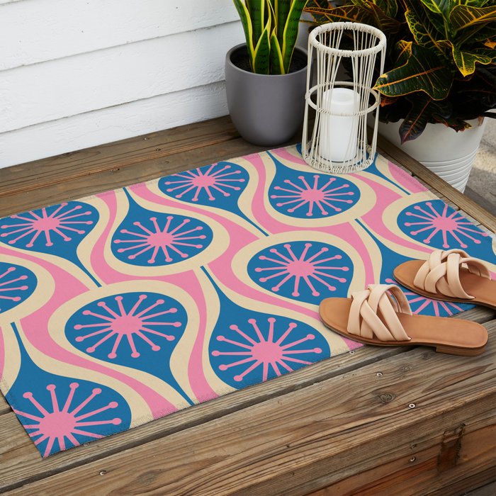 Atomic Drops Mid Century Modern Retro Pattern in Pink and Blue Outdoor Rug Gallery Image 2