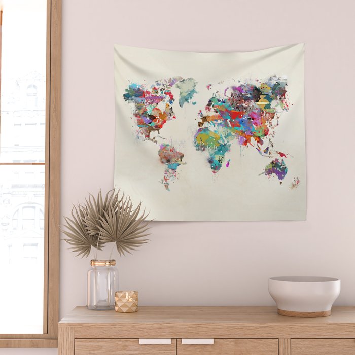 world map watercolor Wall Tapestry Gallery Image 2