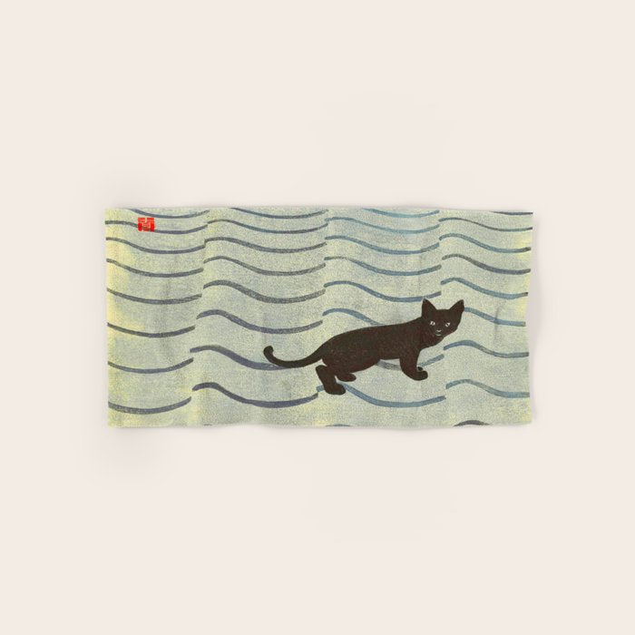 Aoyama Masaharu Japanese Woodblock Print Black Cat On Water Vintage traditional Art Bath Towel Gallery Image 1