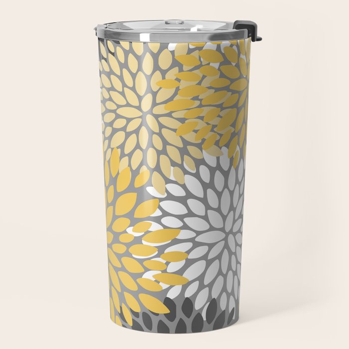 Modern Elegant Chic Floral Pattern, Soft Yellow, Gray, White Travel Mug Gallery Image 2