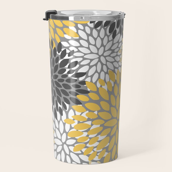 Modern Elegant Chic Floral Pattern, Soft Yellow, Gray, White Travel Mug Gallery Image 3