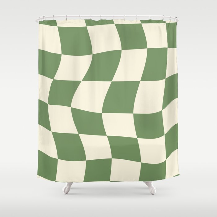Wavy Checkerboard (Green Beige) Shower Curtain Gallery Image 1