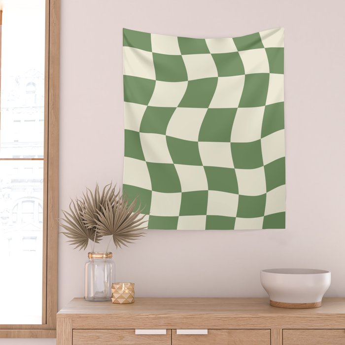 Wavy Checkerboard (Green Beige) Wall Tapestry Gallery Image 2